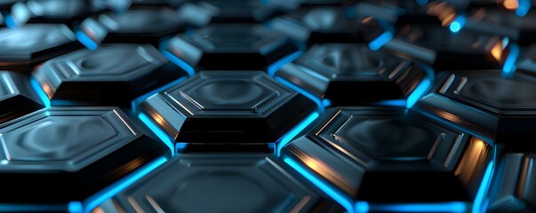 3d render of dark grey hexagons with blue neon lights on the edges, low perspective, octane rendering, metallic texture, high resolution photography 
