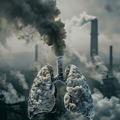 A city skyline with a large lung-like structure in the middle. 