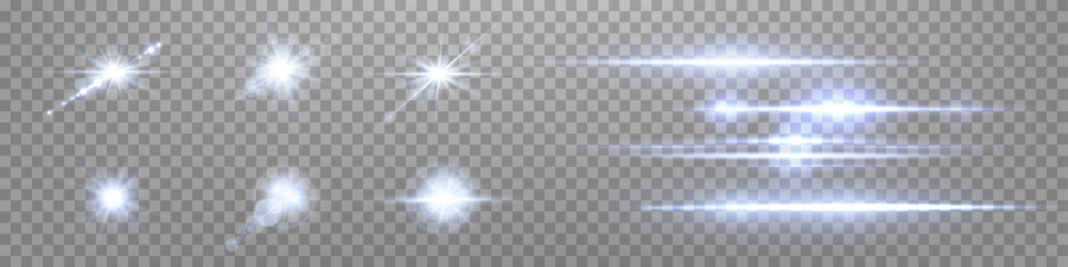 Blue lens flares set. Sun flash with rays or spotlight and bokeh. Glow flare light effect. Isolated on transparent background. Vector illustration.