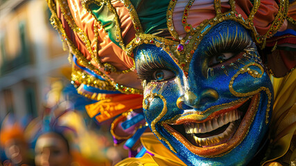 close up of a carnival mask, close up of a carnival scene in the brazil, face with carnival mask, colored faces