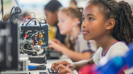 A young girl sitting at a desk in a classroom, focused on using a computer for educational purposes.