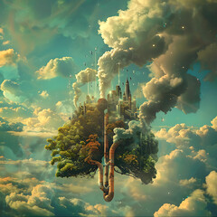 A city skyline with a large lung-like structure in the middle. 