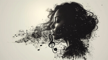 Female head silhouette with music notes, poster design.