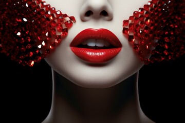 Fototapeta premium Striking close-up of a woman with luscious red lips and sparkling ruby earrings against a dark background