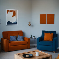 Blue sofa and terra cotta lounge chair against wall with two art posters Minimalist home interior design of modern living room