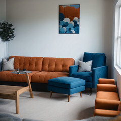 Blue sofa and terra cotta lounge chair against wall with two art posters Minimalist home interior design of modern living room