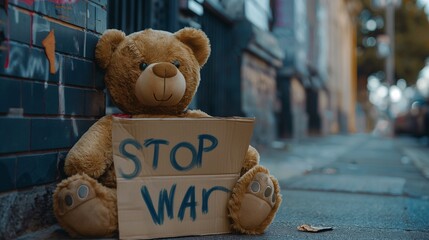 children's bear with a poster, a cardboard on which it says stop war