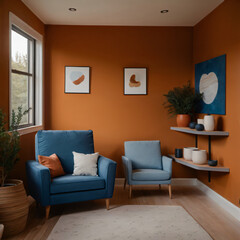 Blue sofa and terra cotta lounge chair against wall with two art posters Minimalist home interior design of modern living room