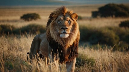 lion in the wild,The image captures a close-up of a majestic lion's face, proudly gazing across the savanna. The lion's intense eyes and regal expression exude power and nobility, with its mane 
