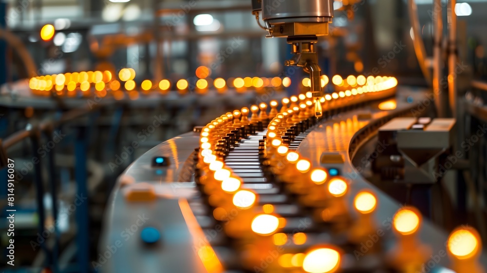Poster a conveyor belt with many glowing lights on it. the lights are arranged in a spiral pattern