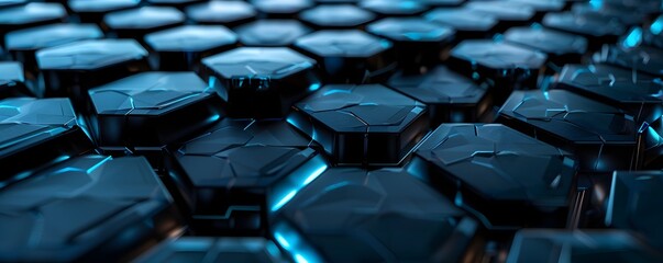 Obraz premium 3d render of dark hexagons with blue light on the edges, high resolution 