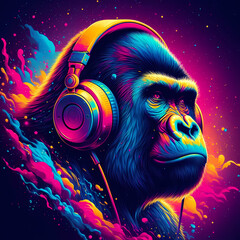 Digital art vibrant colorful gorilla with headphones listening to music