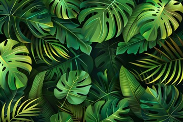 Tropical green leaves banner, illustration, high quality, high resolution