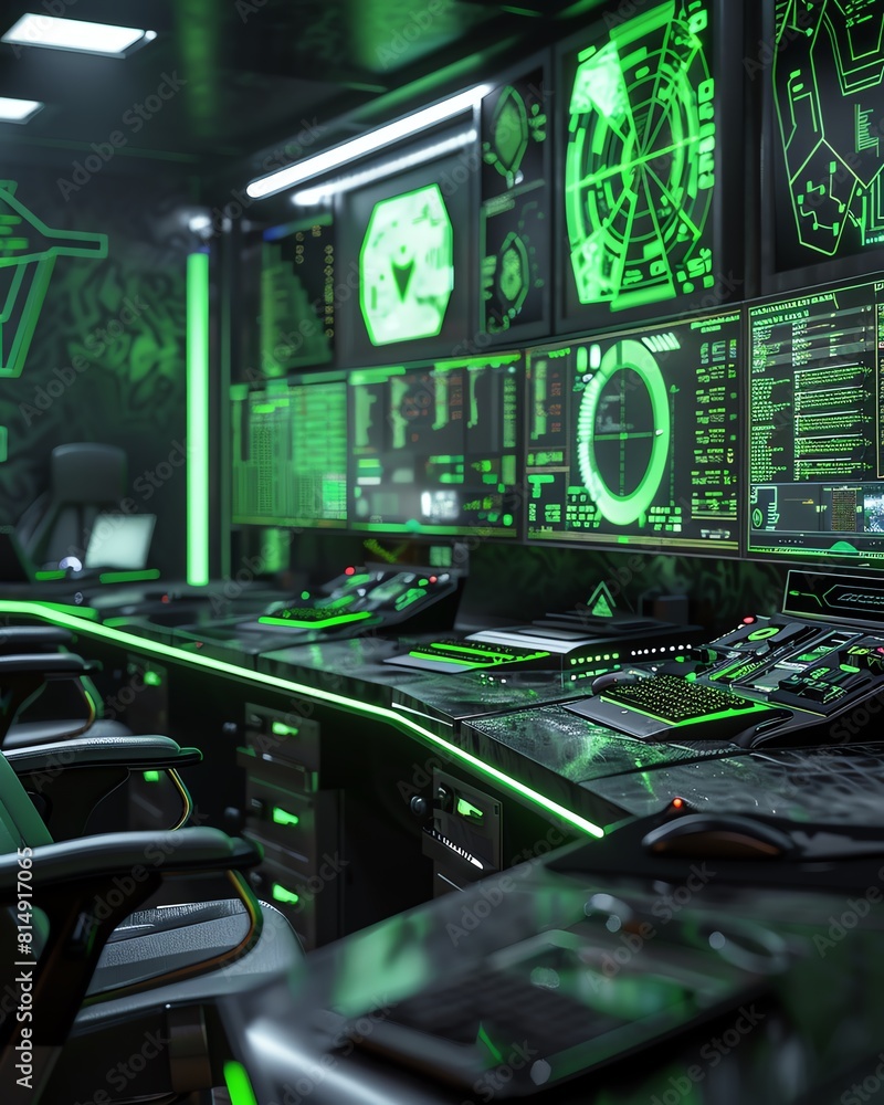 Aufkleber futuristic command center with multiple computer screens, a large curved display, and a control pane