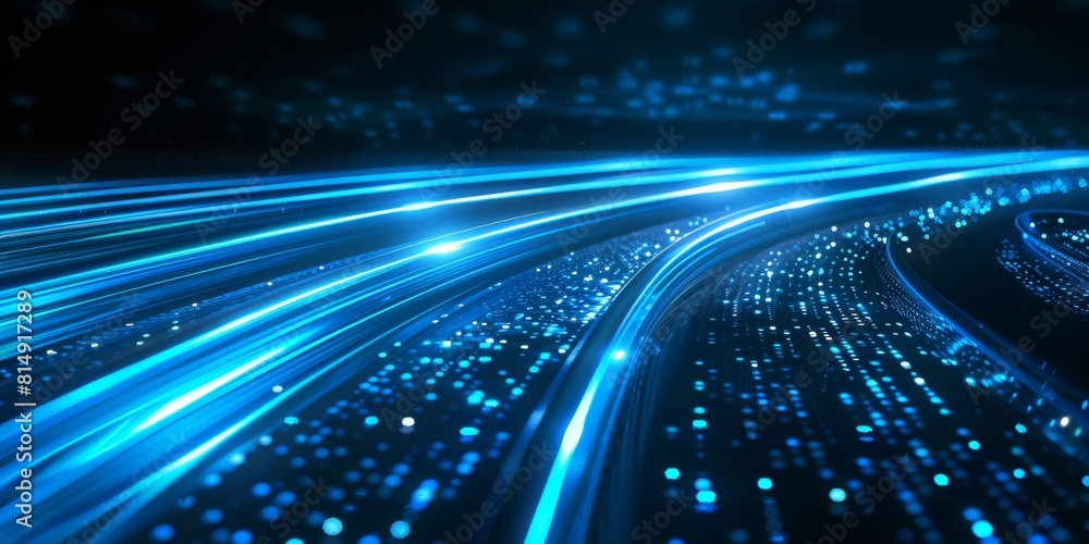Poster a digital background with blue and white lights moving fast, representing the speed of data transfer