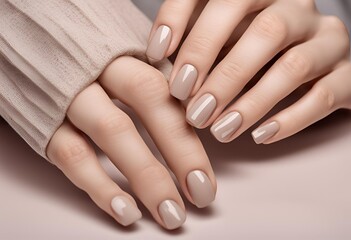 "Close-up of woman's hands showcasing elegant neutral colors manicure. Beautiful natural-looking gel polish manicure on square nails