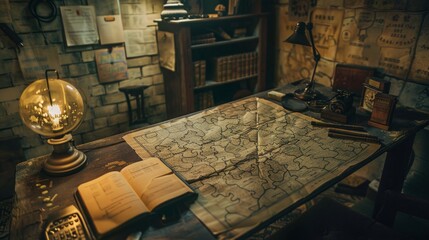 A room featuring an old map hanging on the wall illuminated by a lamp on a wooden table.