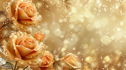 Golden roses blooming on a golden background