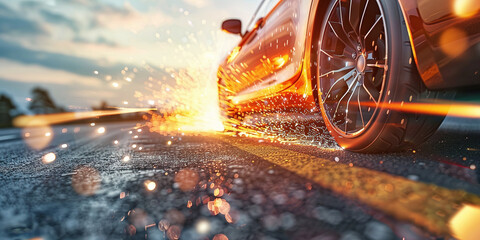 the car is driving on the road without tires, there are sparks