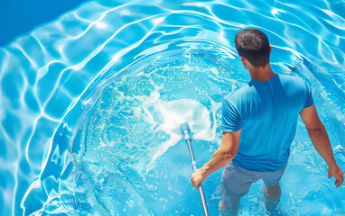 Man cleaning the pool with vacuum. Cleaning pool service