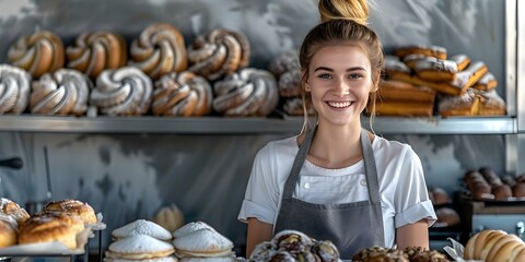 Obraz premium Female baker entrepreneur in her bakery coffee shop running a small business. Concept Baking Skills, Entrepreneurship, Coffee Shop Ambiance, Small Business Management, Female Empowerment