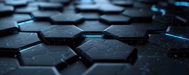 3d render of dark hexagons with blue light on the edges, high resolution 
