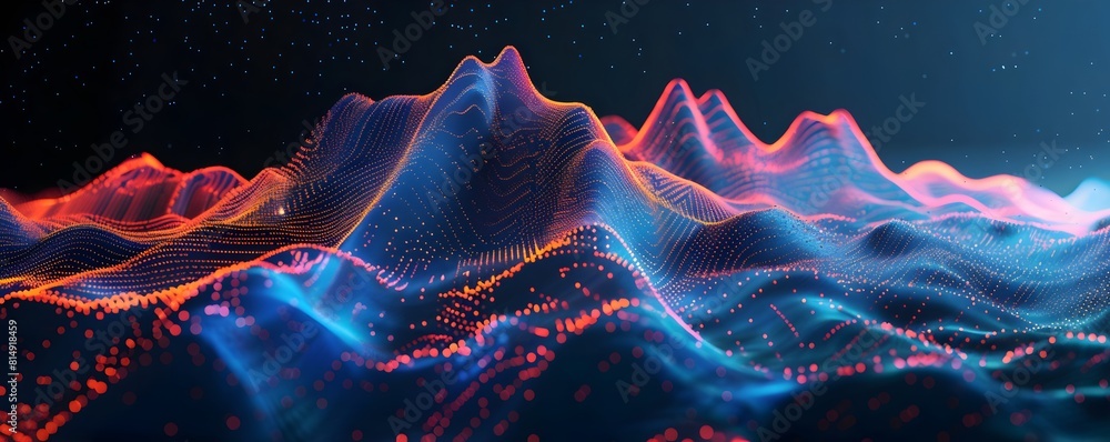 Poster Abstract digital data visualisation with colorful sound waves and glowing lines on dark background, futuristic design for technology concept 

