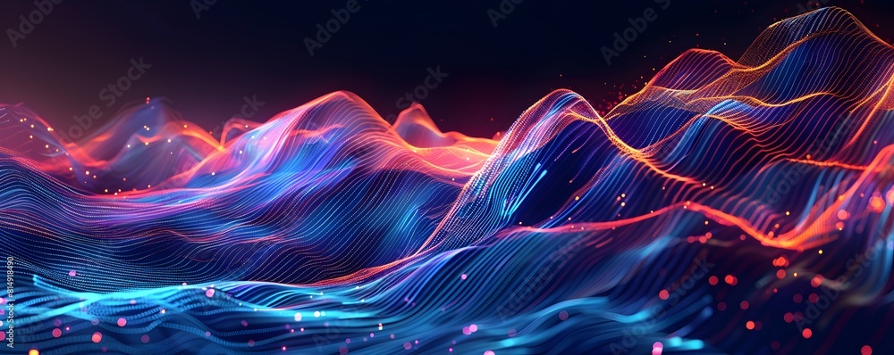 Poster abstract digital data visualisation with colorful sound waves and glowing lines on dark background, 