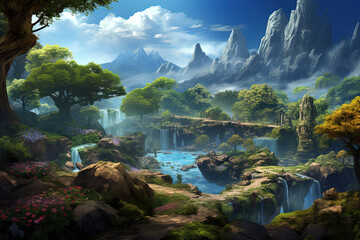 Verdant valley and cascading waterfalls.