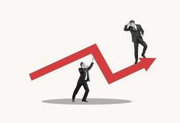 Magazine collage  of excited guys on big red arrow