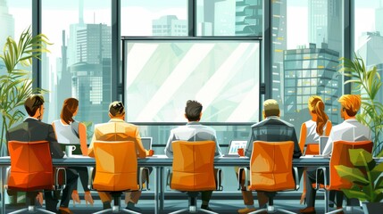 Obraz premium A diverse group of young professionals is seated in a contemporary office setting, facing a large presentation screen.