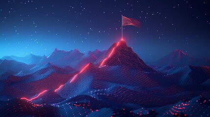 A neon path carved onto a mountain leads towards a glowing flag at the peak, symbolizing achievement and goals in a nighttime setting.