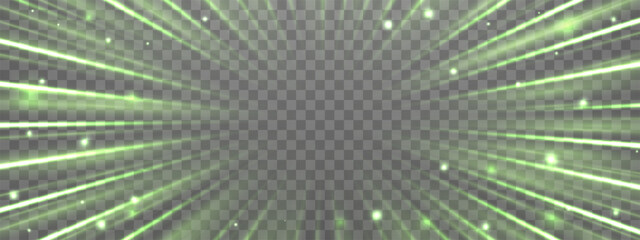 Radial speed rays, light neon flow, zoom in motion effect, green glow speed lines, colorful light trails, perspective stripes. Abstract background, vector illustration. © Elena