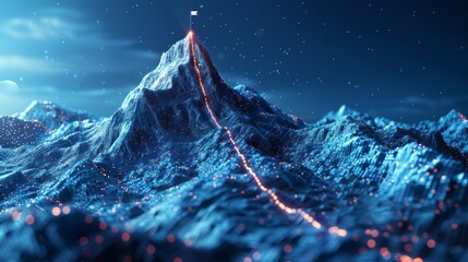 A neon path carved onto a mountain leads towards a glowing flag at the peak, symbolizing achievement and goals in a nighttime setting.
