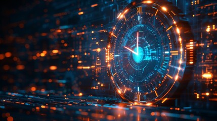 Obraz premium A digitally stylized neon clock displaying a dartboard design amidst a sparkling blue technological backdrop.