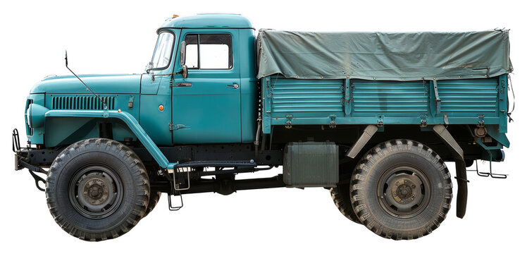 Vintage blue military truck with canvas cover isolated on transparent background png