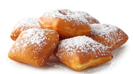 Realistic close-up of Beignets isolated on a white background cafe style theme water color vivid