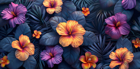 Tropical flowers exotic leaves, violet dark fresh foliage floral seamless pattern, 3D illustration. Glamorous background design luxury wallpaper