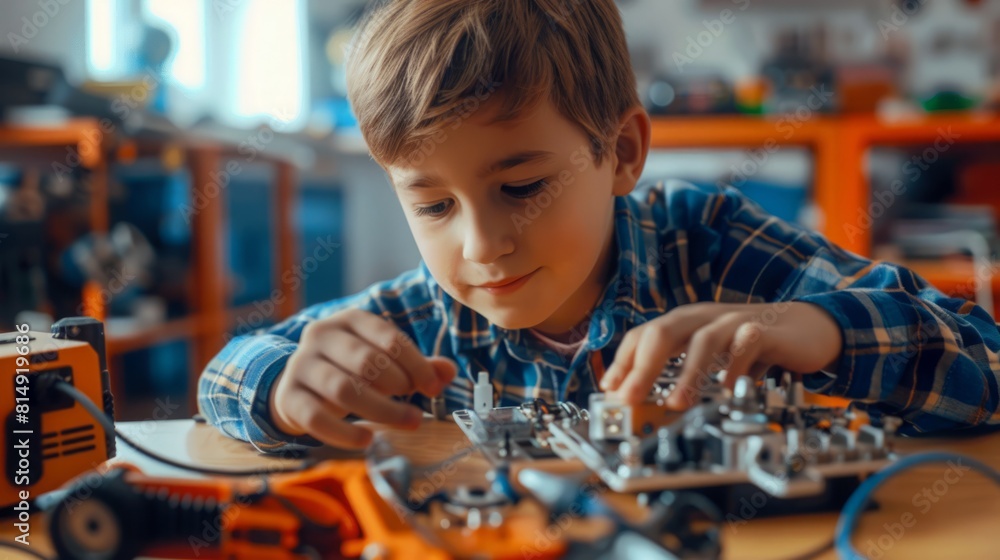 Poster a young boy is focused on assembling a robot in a workshop filled with tools and parts.