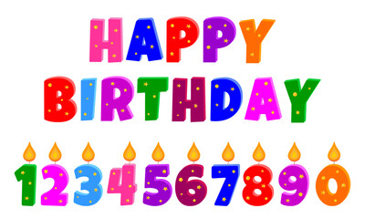 
Set of colored burning candles for a birthday cake. Happy Birthday 3D inscription with gold decor. Template for a greeting card.