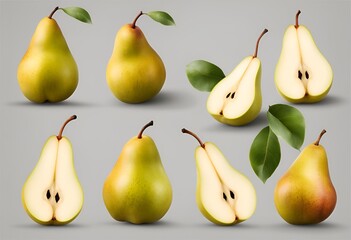 "Pear fruit isolated on transparent background, featuring various angles, views, sides, tops, fronts, groups, slices, halves, and cuts."