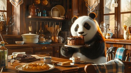 A panda bear bakes a decadent chocolate cake in a cozy homey kitchen full of rustic charm and...