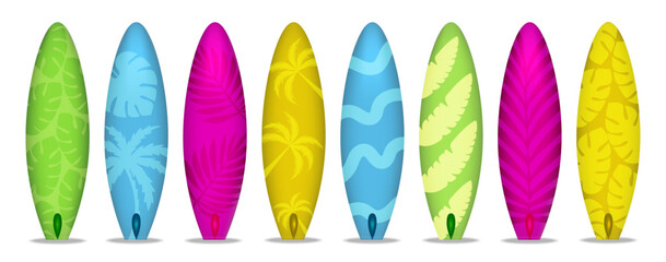 Set of 3D color surfboards on transparent background. Vector illustration. Sport and relax
