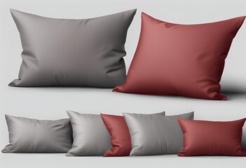 Collection set of red, maroon, grey, and gray blank cushion pillow covers, featuring front and side lying views on transparent cutout