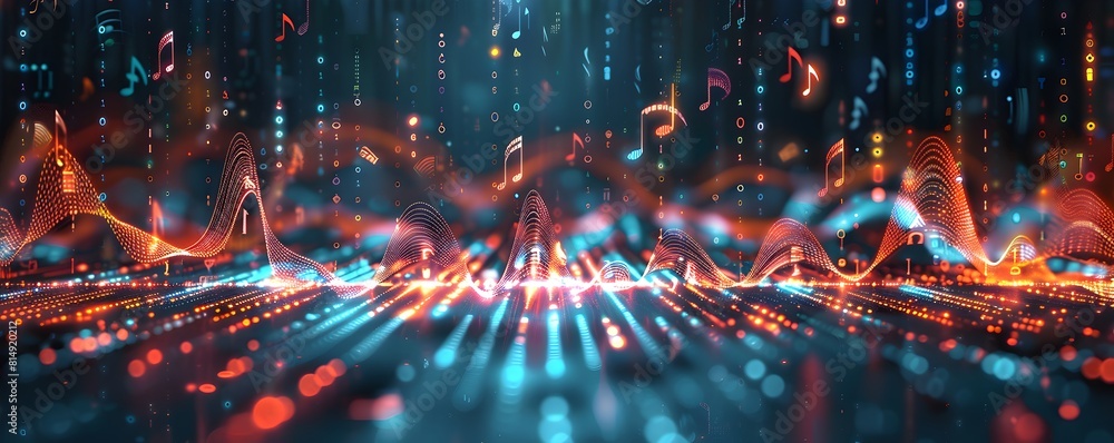 Poster abstract digital data visualization of sound waves, musical notes and spectrum curves with glowing d
