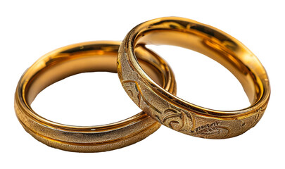 Engraved gold wedding rings with natural pattern isolated on transparent background png