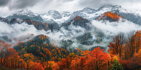 Misty morning in alpine snowy mountain range area with colourful autumn forest below, breathtaking wilderness landscape