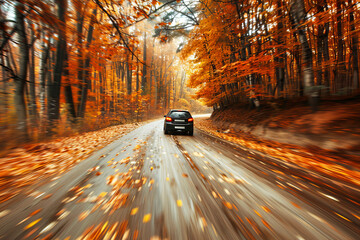 Back of the sport car driving through scenic forest in autumn orange colours, motion blur.