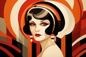 Stylized illustration of a woman in 1920s art deco fashion, with bold colors and geometric shapes © juliars
