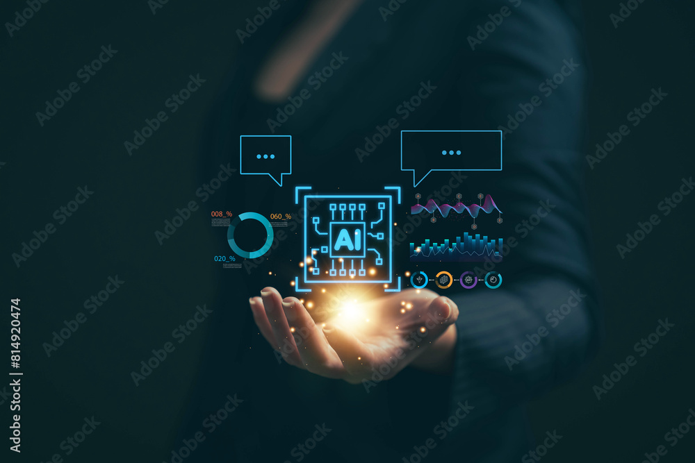 Poster chat with AI. Artificial intelligence. The concept of accessing imagination by feeding commands to Ai to create what is in our mind with futuristic technology through the Internet.